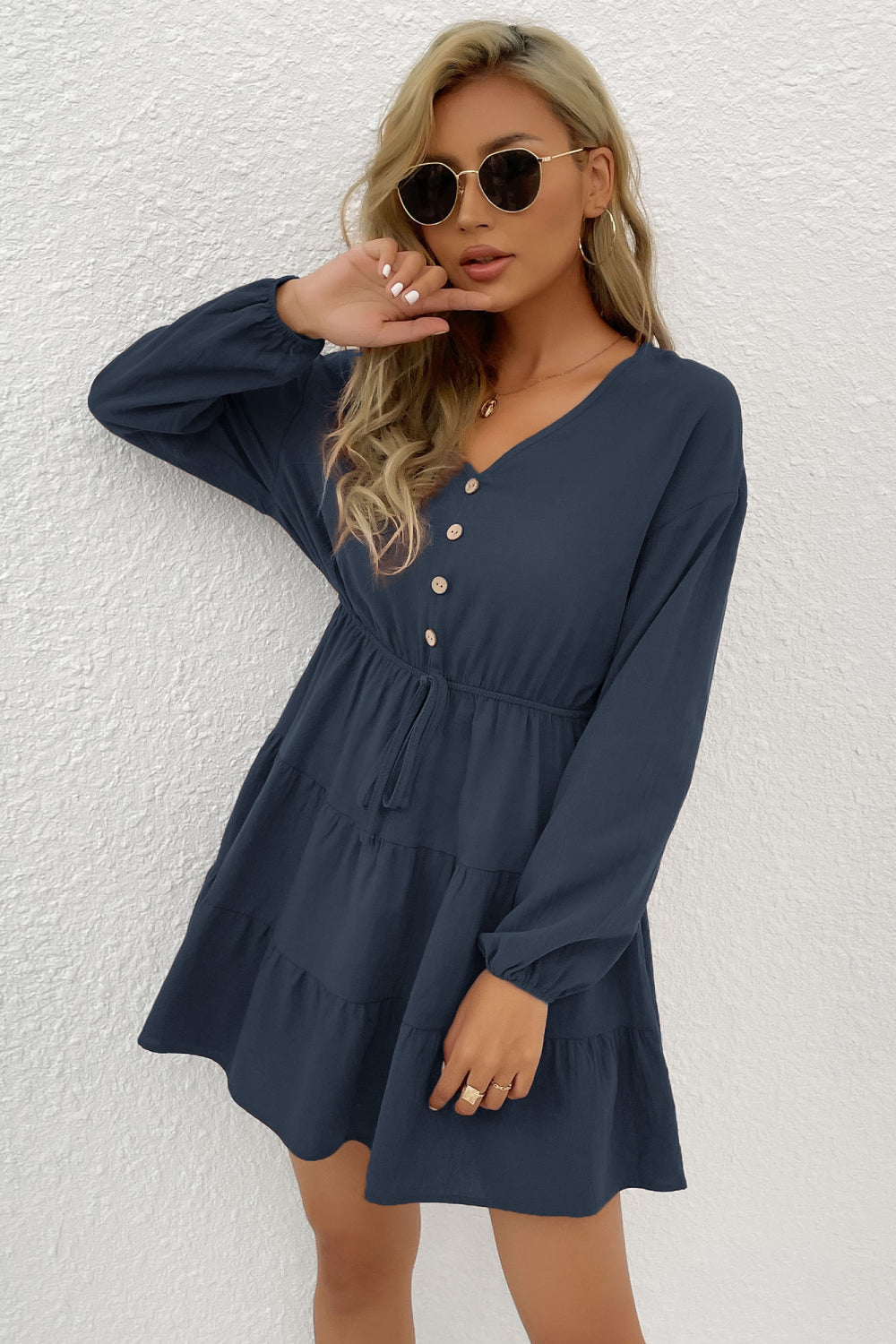 Decorative Button Tie Front Tiered Mini Dress